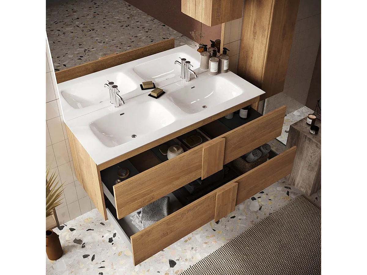 Meuble Vasque 122cm suspendu 2 tiroirs + Miroir aspect bois finition Mercure - ZEUS