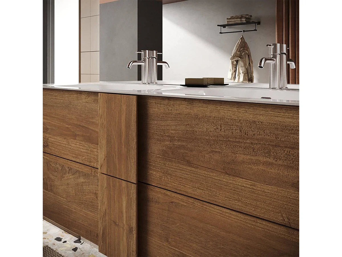 Meuble Vasque 122cm suspendu 2 tiroirs + Miroir aspect bois finition Mercure - ZEUS