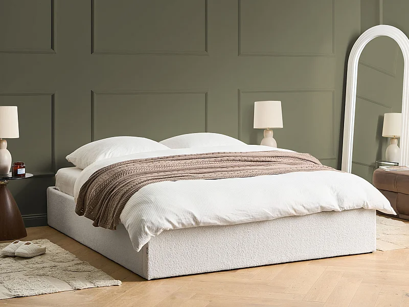 Lit ottoman sans tête de lit Bouclé DINAN 160 x 200 cm Blanc cassé