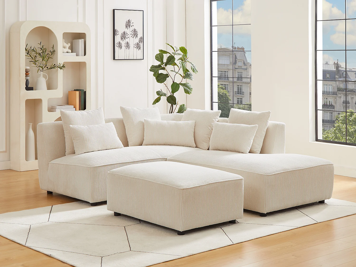 Canapé d'angle droit et pouf en velours côtelé beige MECODI