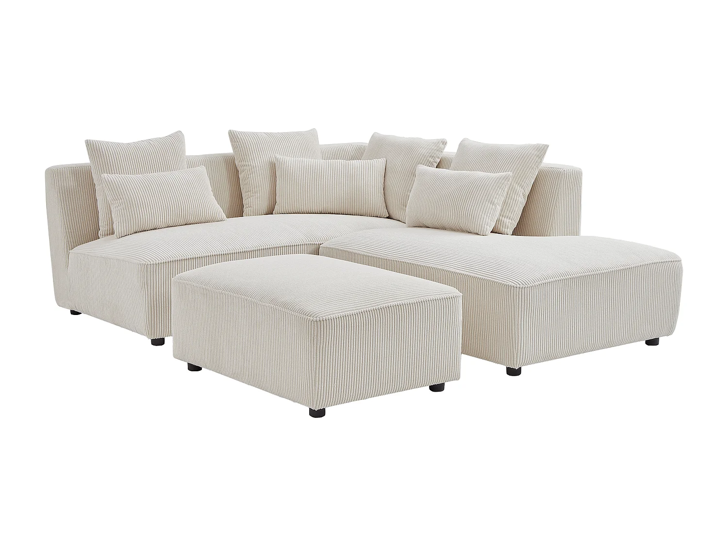 Canapé d'angle droit et pouf en velours côtelé beige MECODI