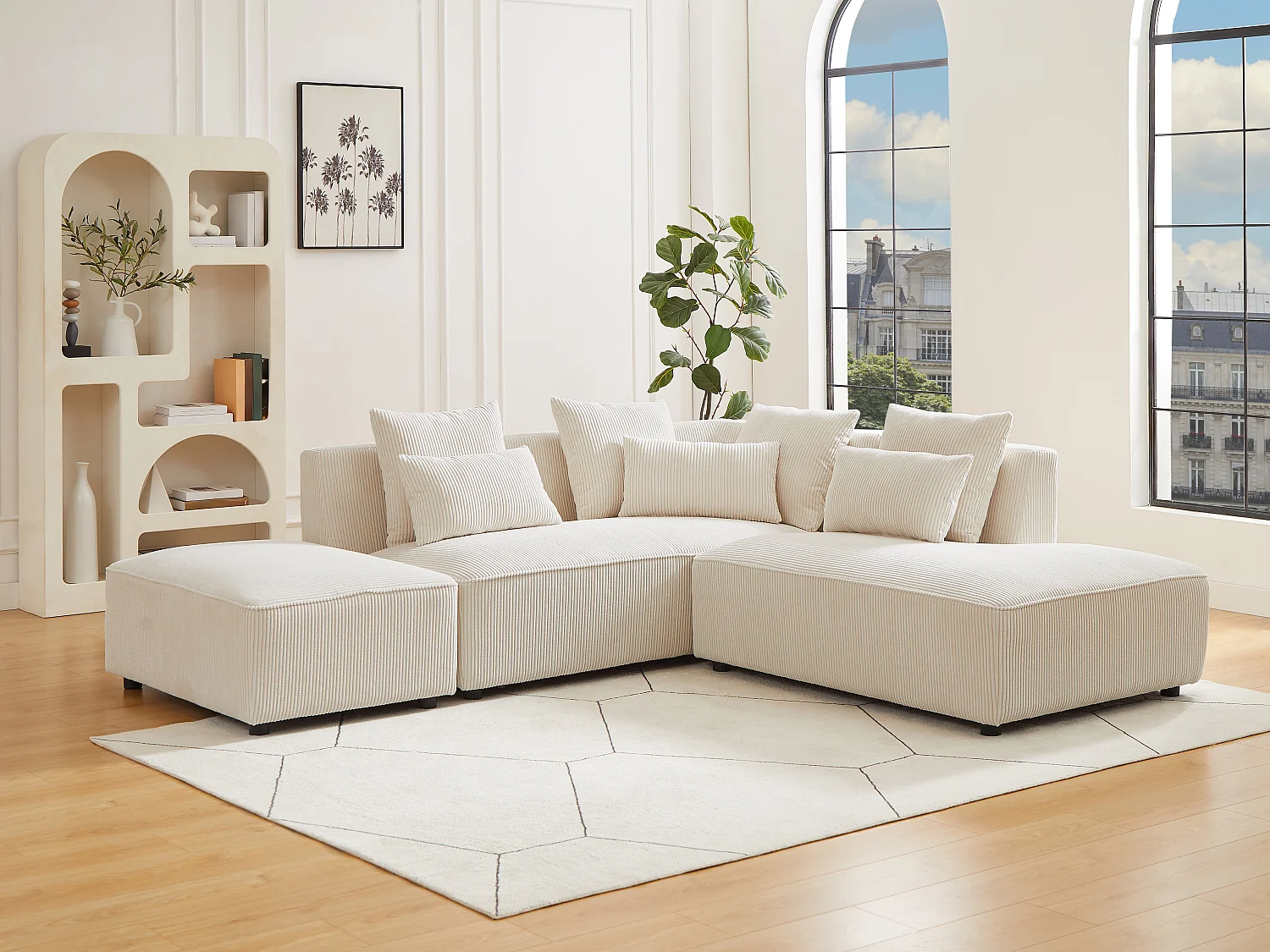 Canapé d'angle droit et pouf en velours côtelé beige MECODI