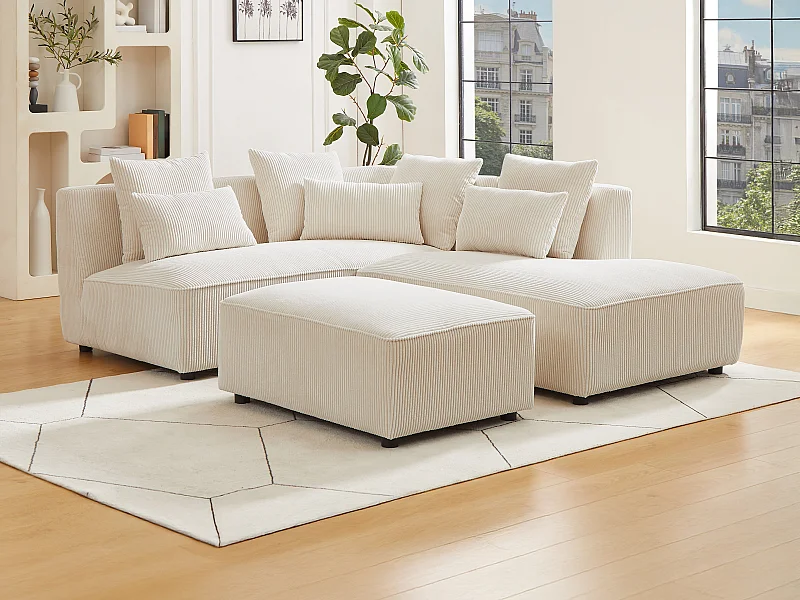 Canapé d'angle droit et pouf en velours côtelé beige MECODI