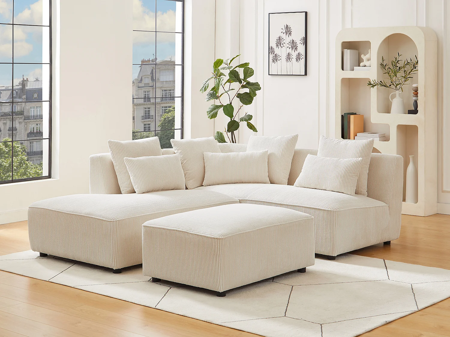 Canapé d'angle gauche et pouf en velours côtelé beige MECODI