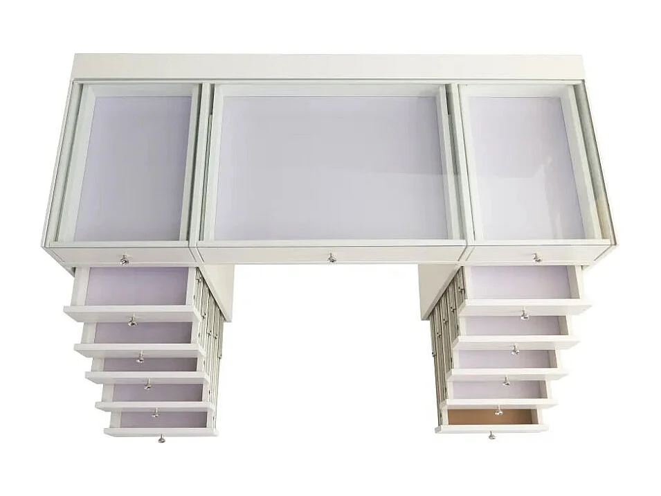 Protocole Home — Coiffeuse moderne 150 x 60 x 80 cm, 13 tiroirs en MDF, espace central pour fauteuil et finition chic.