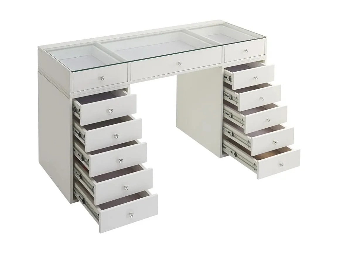 Protocole Home — Coiffeuse moderne 150 x 60 x 80 cm, 13 tiroirs en MDF, espace central pour fauteuil et finition chic.