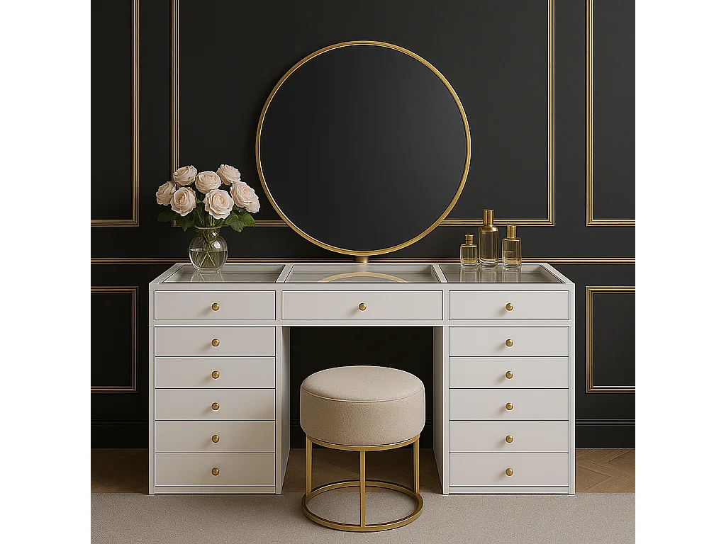Protocole Home — Coiffeuse moderne 150 x 60 x 80 cm, 13 tiroirs en MDF, espace central pour fauteuil et finition chic.