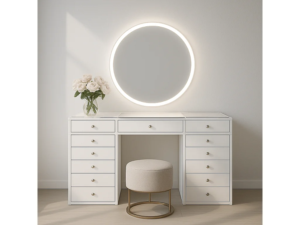 Protocole Home — Coiffeuse moderne 150 x 60 x 80 cm, 13 tiroirs en MDF, espace central pour fauteuil et finition chic.