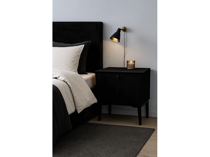 Protocole Home Table de chevet en velours, 2 tiroirs, 50 x 40 x 45 cm, pieds en bois et poignées noires.