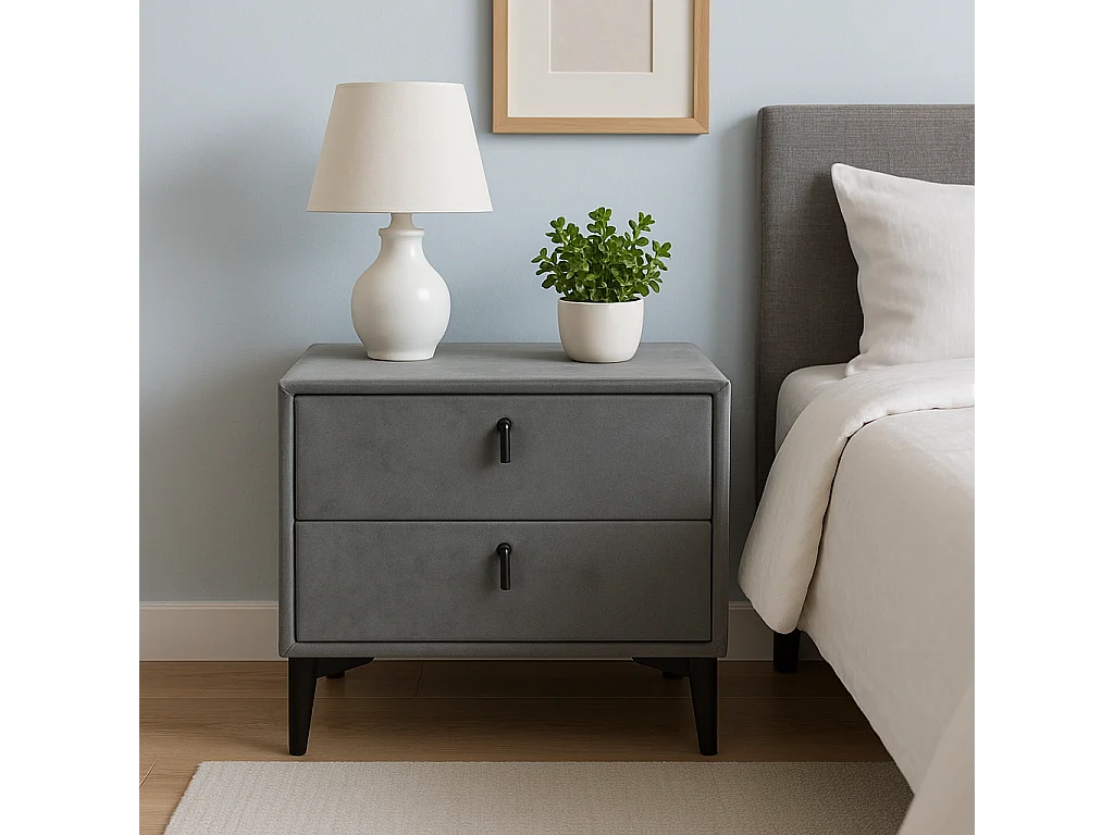 Protocole Home Table de chevet en velours, 2 tiroirs, 50 x 40 x 45 cm, pieds en bois et poignées noires.