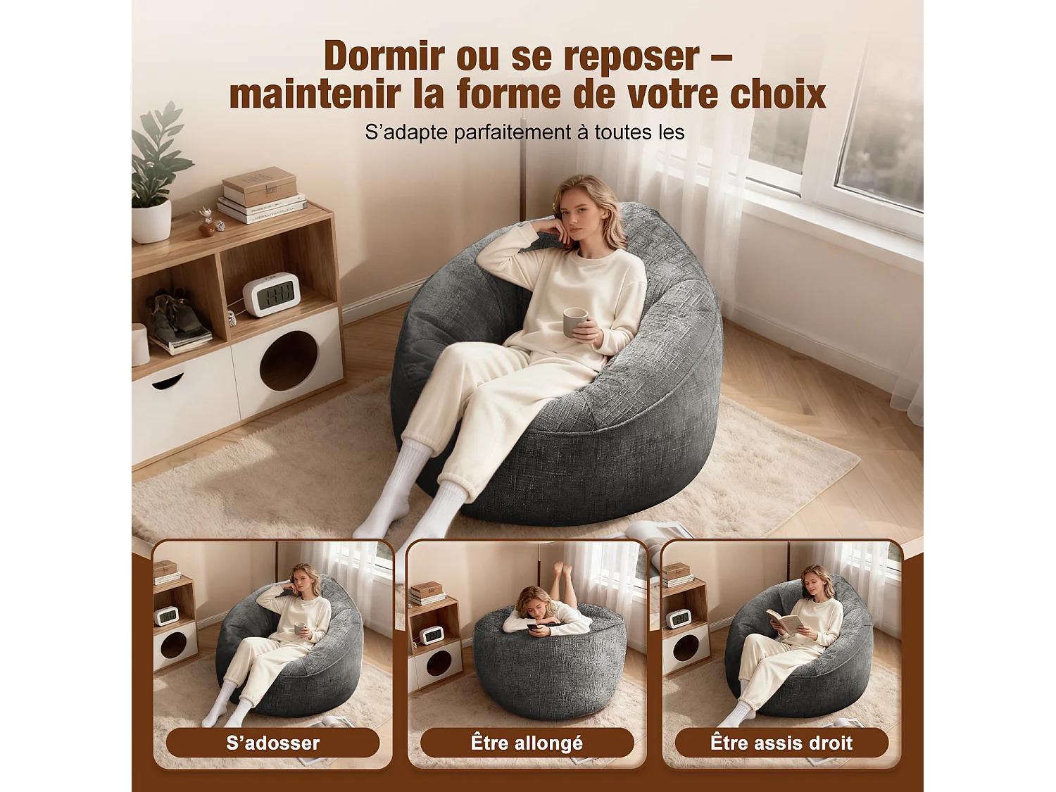 Pouf poire adulte pour chambre et salon – Confortable et moderne - Gris anthracite
