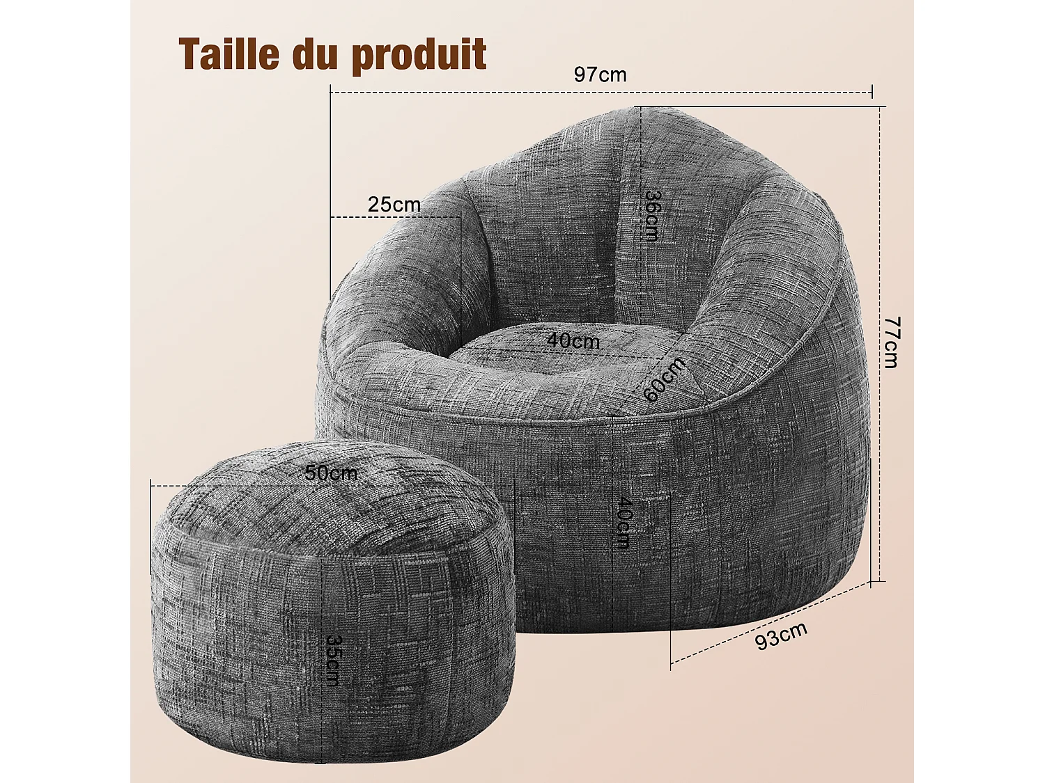 Pouf poire adulte pour chambre et salon – Confortable et moderne - Gris anthracite