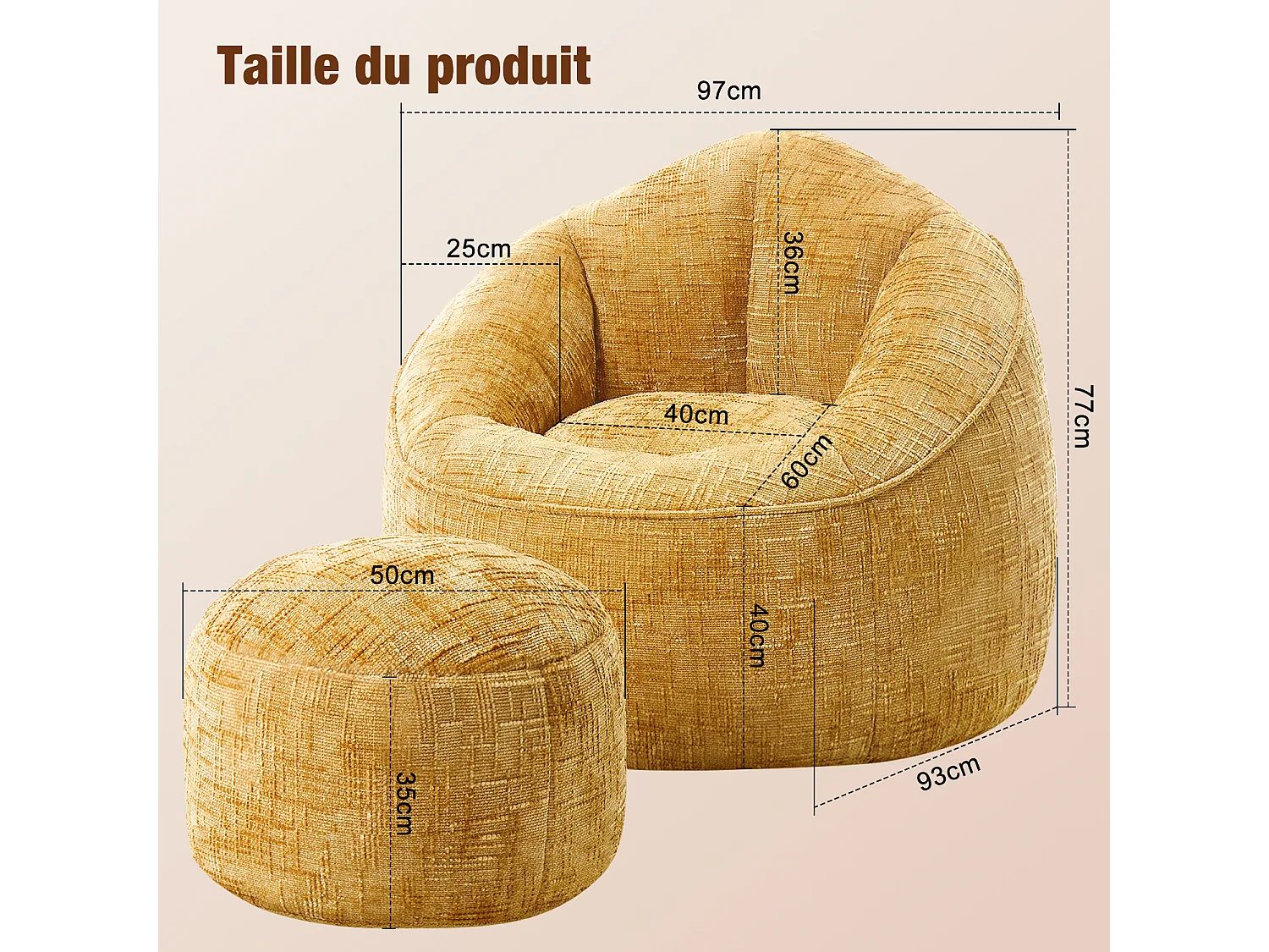 Pouf poire adulte pour chambre et salon – Confortable et moderne - Jaune