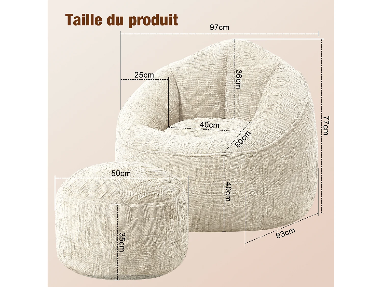 Pouf poire adulte pour chambre et salon – Confortable et moderne - Blanc