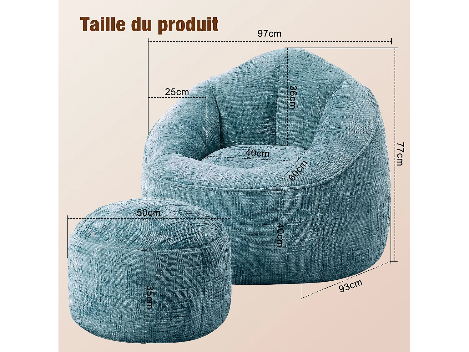 Pouf poire adulte pour chambre et salon – Confortable et moderne - Bleu