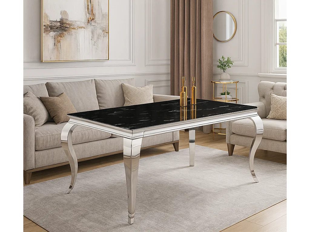 Table à manger BAROQUE protocole home 180 x 90 cm - Plateau verre trempé effet marbre noir 6 mm, pieds acier inox poli, 6 à 8 personnes.