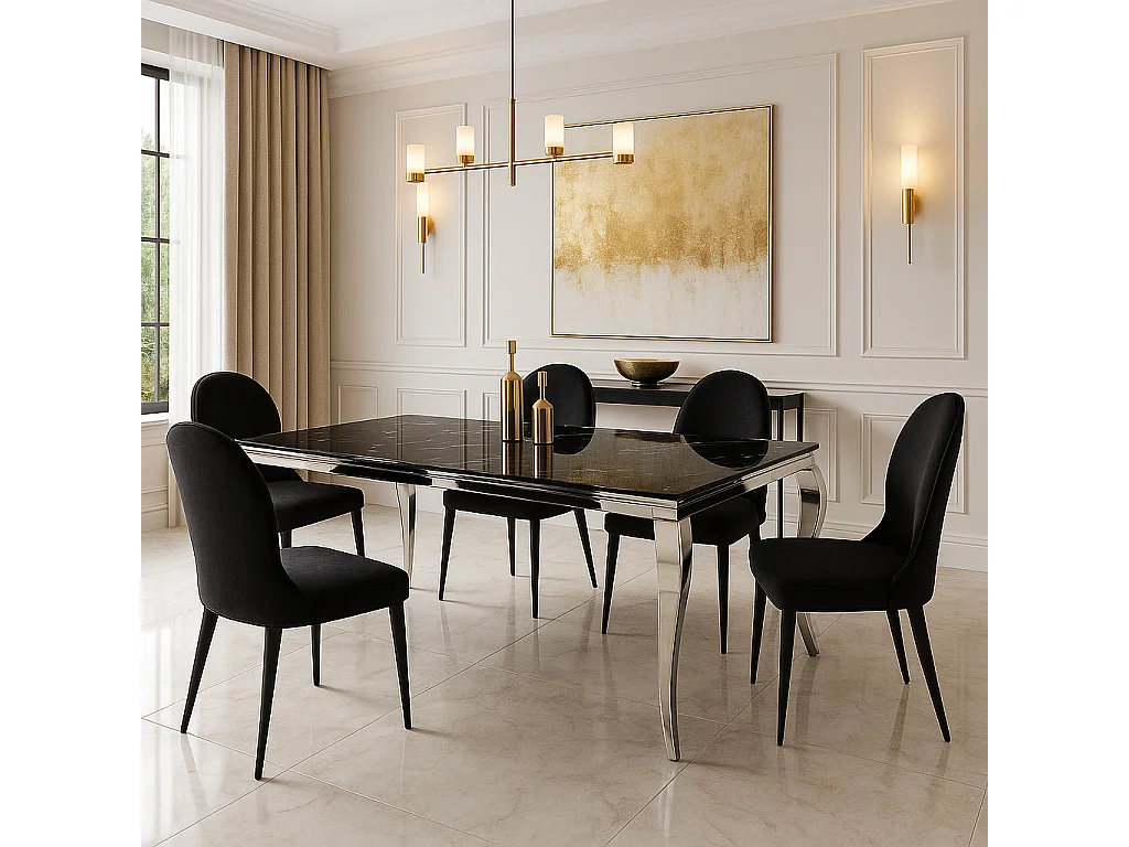 Table à manger BAROQUE protocole home 180 x 90 cm - Plateau verre trempé effet marbre noir 6 mm, pieds acier inox poli, 6 à 8 personnes.