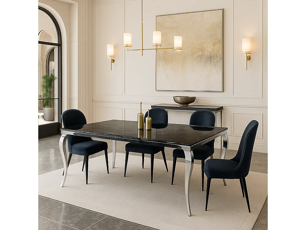 Table à manger BAROQUE protocole home 180 x 90 cm - Plateau verre trempé effet marbre noir 6 mm, pieds acier inox poli, 6 à 8 personnes.