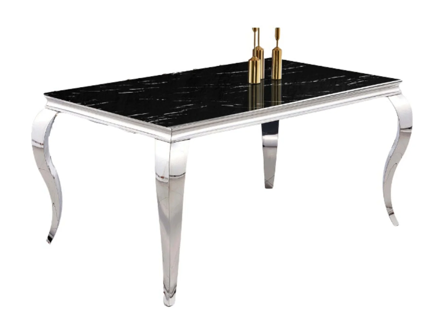 Table à manger BAROQUE protocole home 180 x 90 cm - Plateau verre trempé effet marbre noir 6 mm, pieds acier inox poli, 6 à 8 personnes.