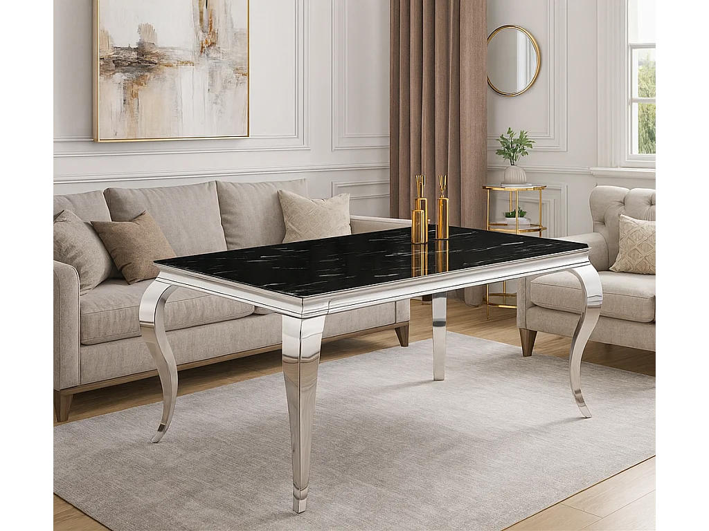 Table à manger BAROQUE protocole home 180 x 90 cm - Plateau verre trempé effet marbre noir 6 mm, pieds acier inox poli, 6 à 8 personnes.