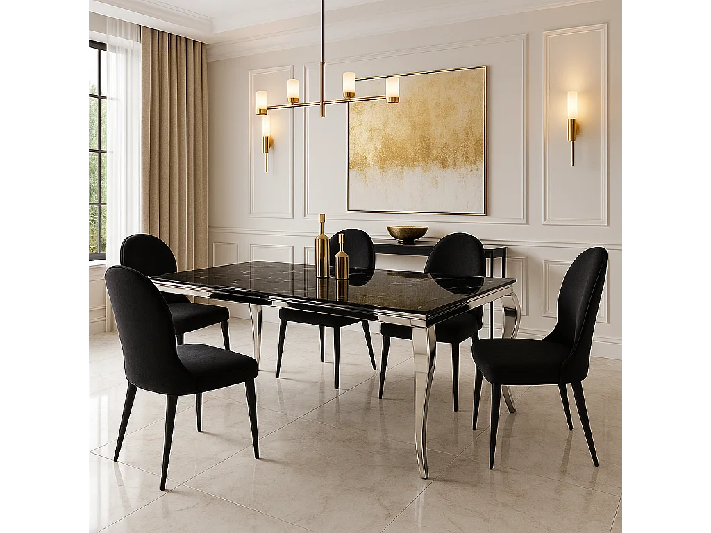 Table à manger BAROQUE protocole home 180 x 90 cm - Plateau verre trempé effet marbre noir 6 mm, pieds acier inox poli, 6 à 8 personnes.