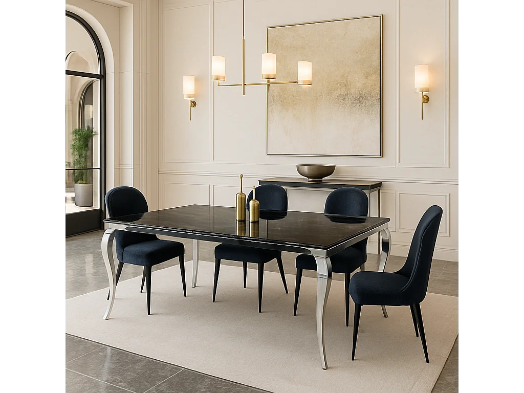 Table à manger BAROQUE protocole home 180 x 90 cm - Plateau verre trempé effet marbre noir 6 mm, pieds acier inox poli, 6 à 8 personnes.