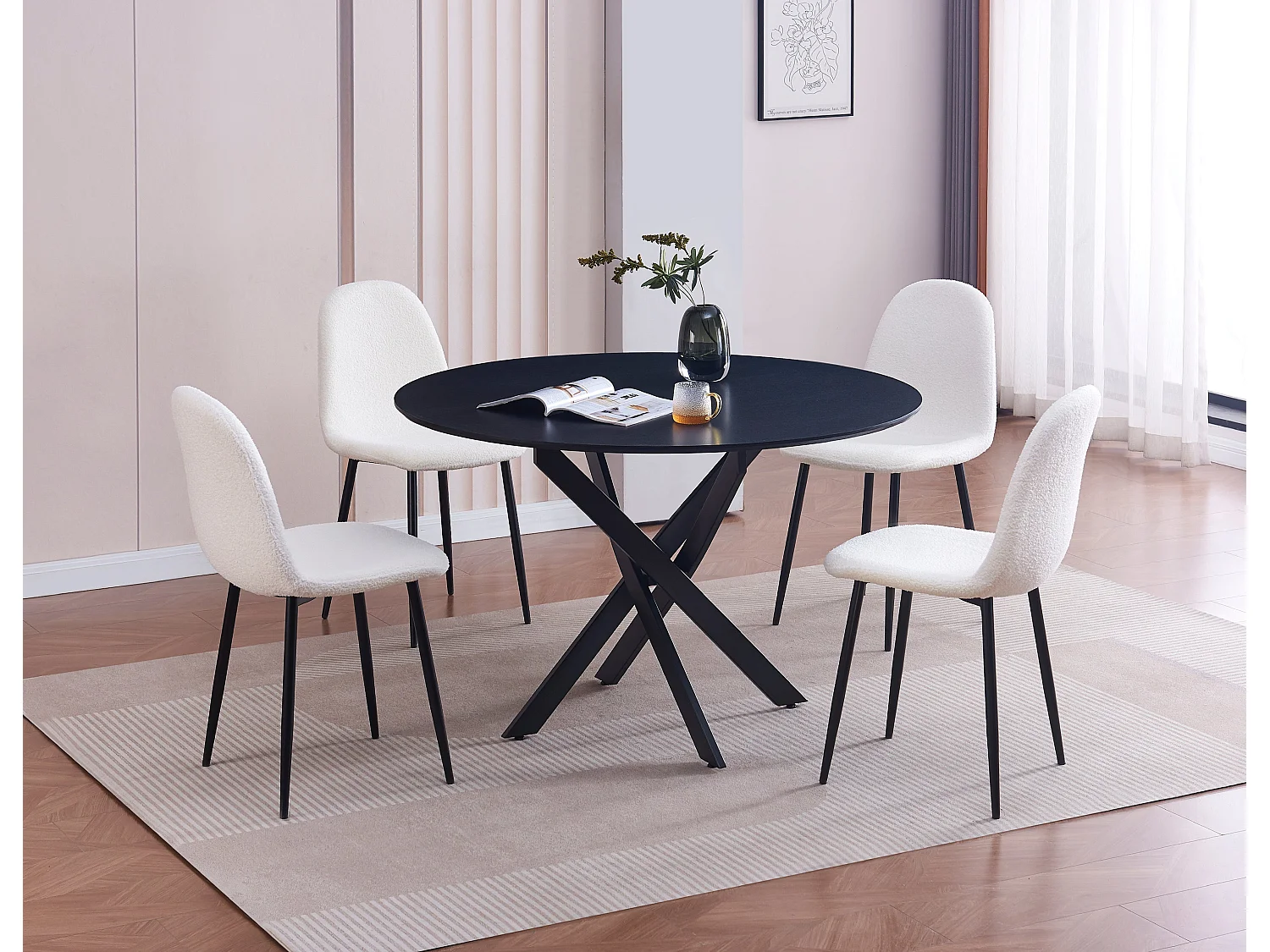 Protocole Home — Table à manger ronde Jessica, plateau MDF chêne ou noir, piètement métal croisé, disponible en 100x75 et 120x75 cm.
