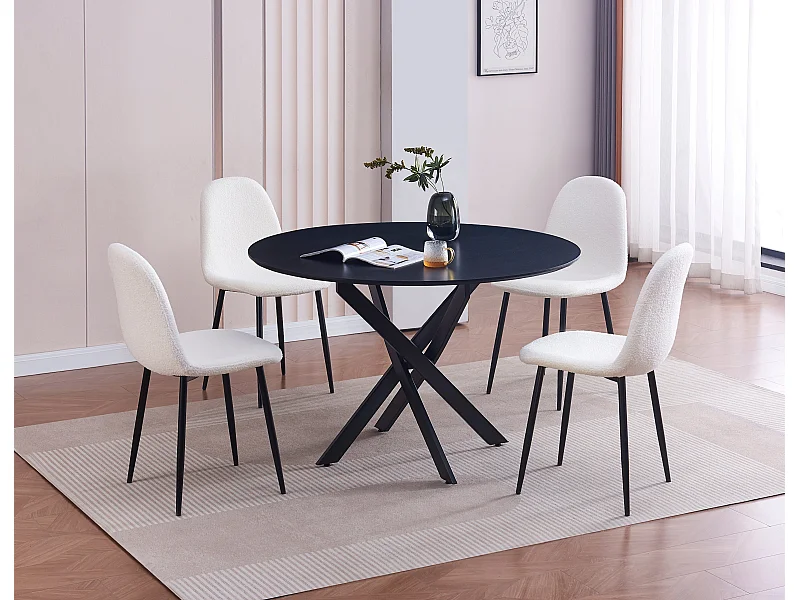 Protocole Home — Table à manger ronde Jessica, plateau MDF chêne ou noir, piètement métal croisé, disponible en 100x75 et 120x75 cm.