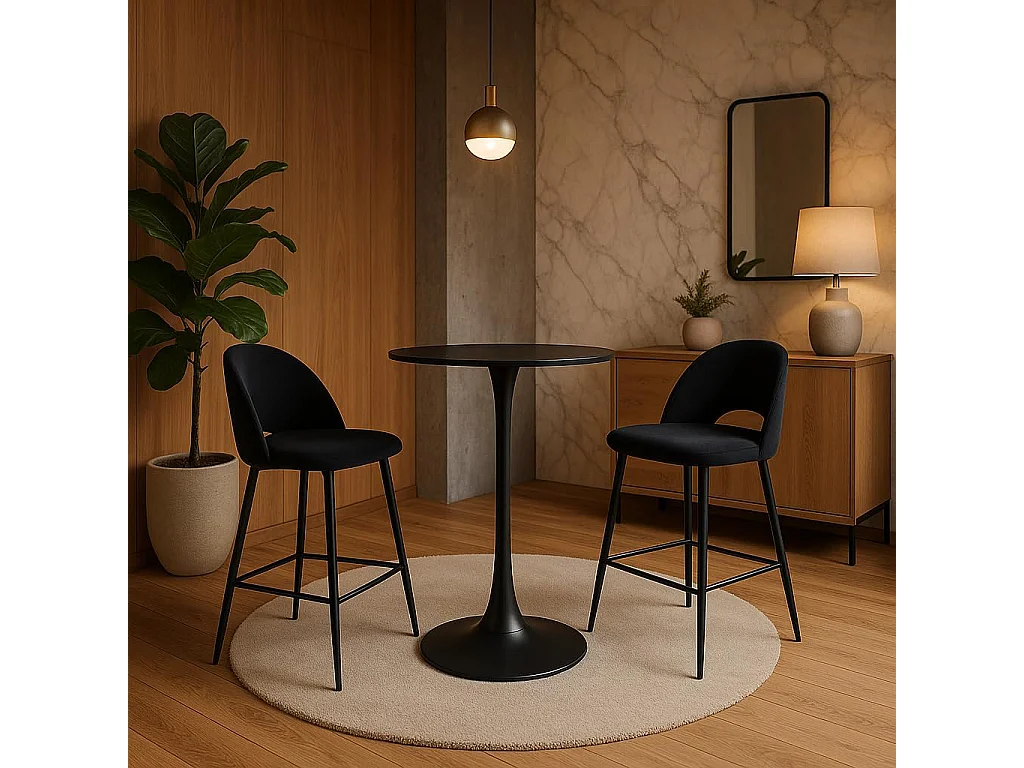 Protocole Home Table haute ronde B03 – 105 cm, pied central noir mat, plateau verre trempé effet marbre 6 mm.