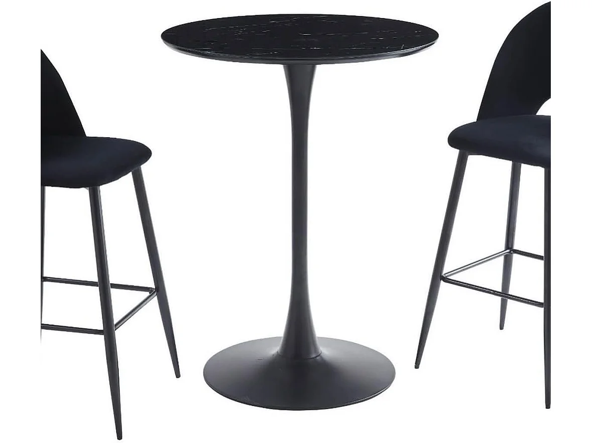 Protocole Home Table haute ronde B03 – 105 cm, pied central noir mat, plateau verre trempé effet marbre 6 mm.