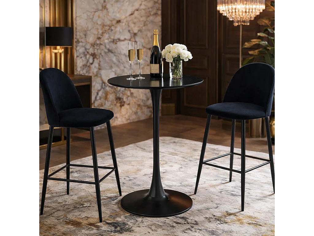 Table haute ronde Protocole Home - Verre trempé effet marbre blanc, pied métal noir mat