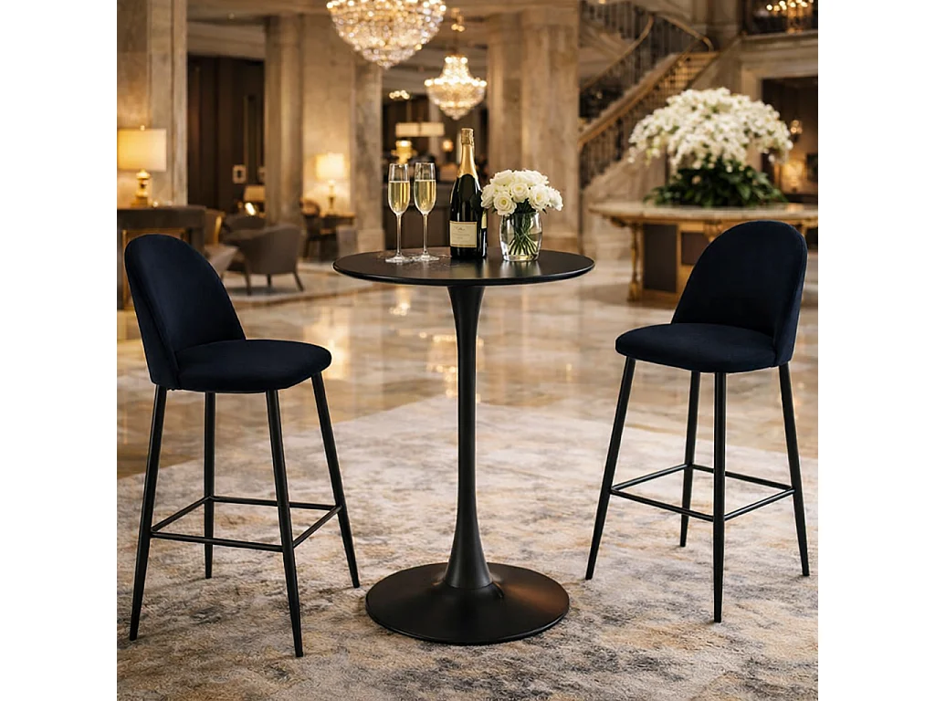 Table haute ronde Protocole Home - Verre trempé effet marbre blanc, pied métal noir mat