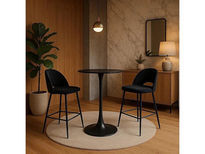 Protocole Home Table haute ronde B03 – 105 cm, pied central noir mat, plateau verre trempé effet marbre 6 mm.
