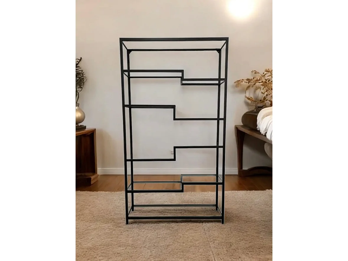 Protocole Home Bibliothèque étagère noir mat 100 x 30 x 180 cm — métal et verre trempé.