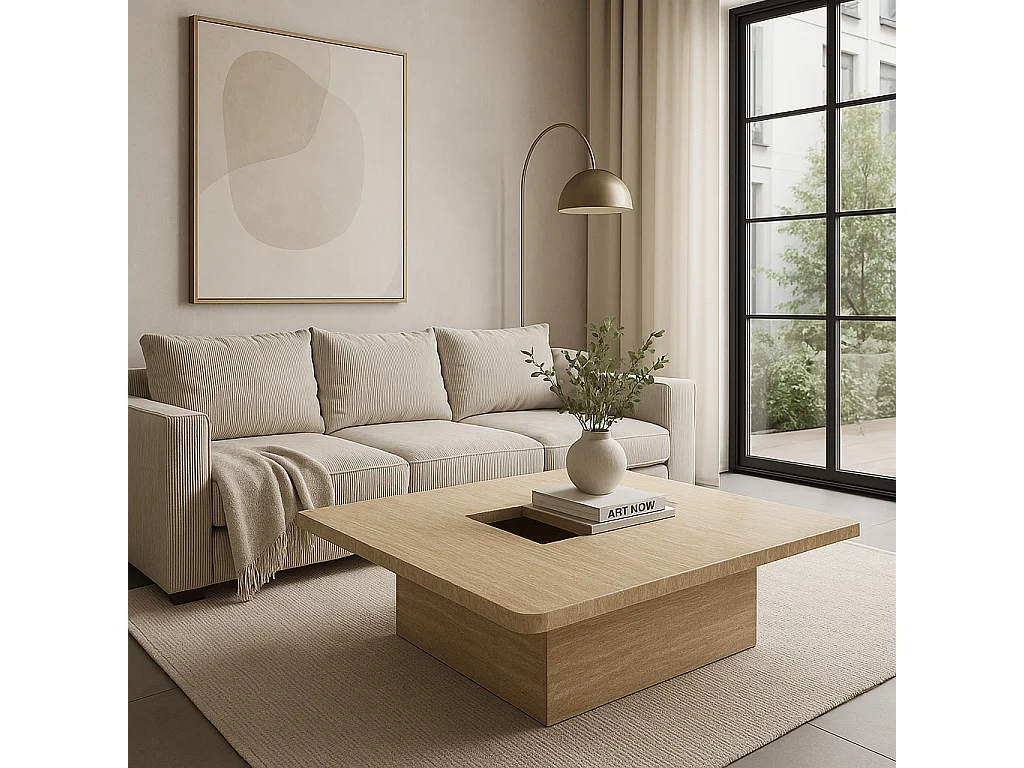 Table basse carrée effet travertin 100 x 100 x 40 cm - protocole home.