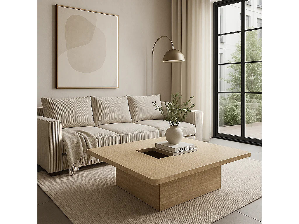 Table basse carrée effet travertin 100 x 100 x 40 cm - protocole home.