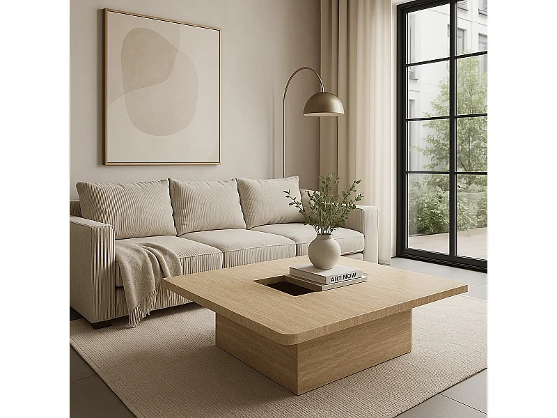 Table basse carrée effet travertin 100 x 100 x 40 cm - protocole home.