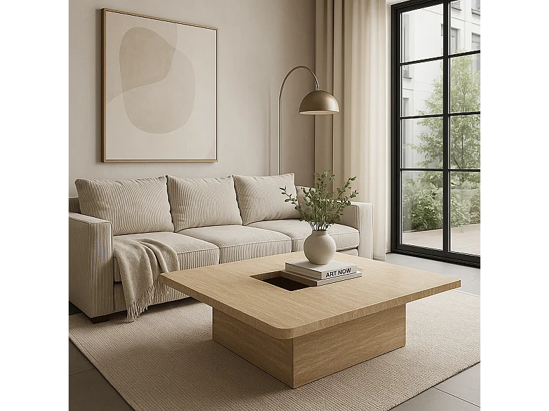 Table basse carrée effet travertin 100 x 100 x 40 cm - protocole home.