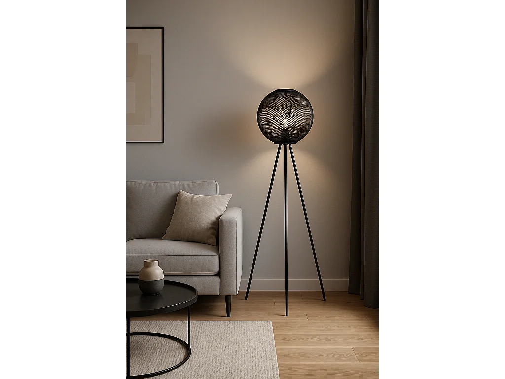 Protocole Home — Lampe trépied métal noir 60 x 50 x 160 cm, éclairage blanc chaud.