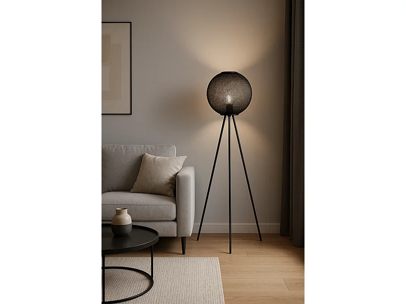 Protocole Home — Lampe trépied métal noir 60 x 50 x 160 cm, éclairage blanc chaud.