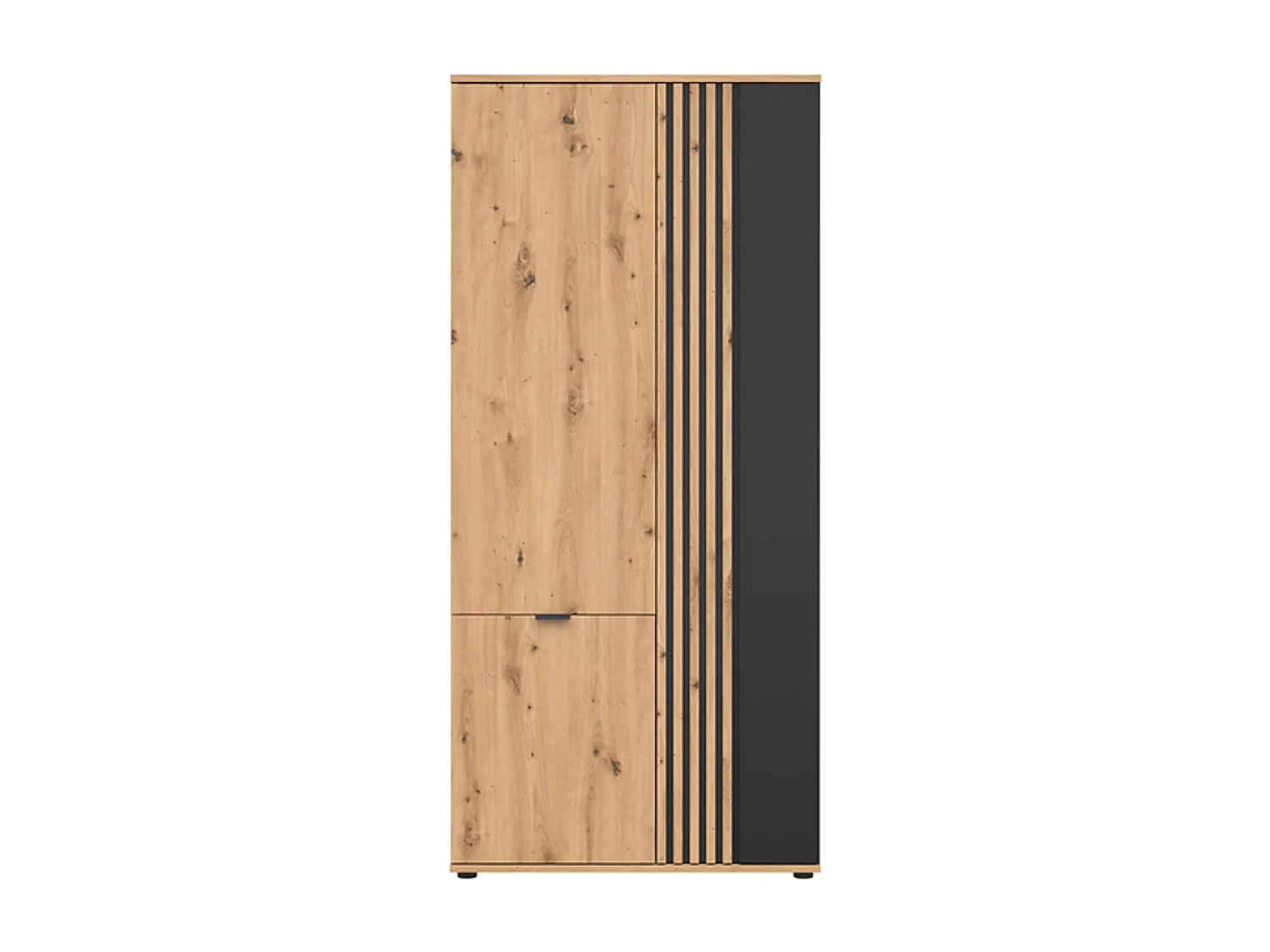 Armoire meuble de rangement à 3 portes avec décor lamelles,coloris Chêne artisan/Noir - Longueur 90,5 x Profondeur 56 x Hauteur 195,5 cm