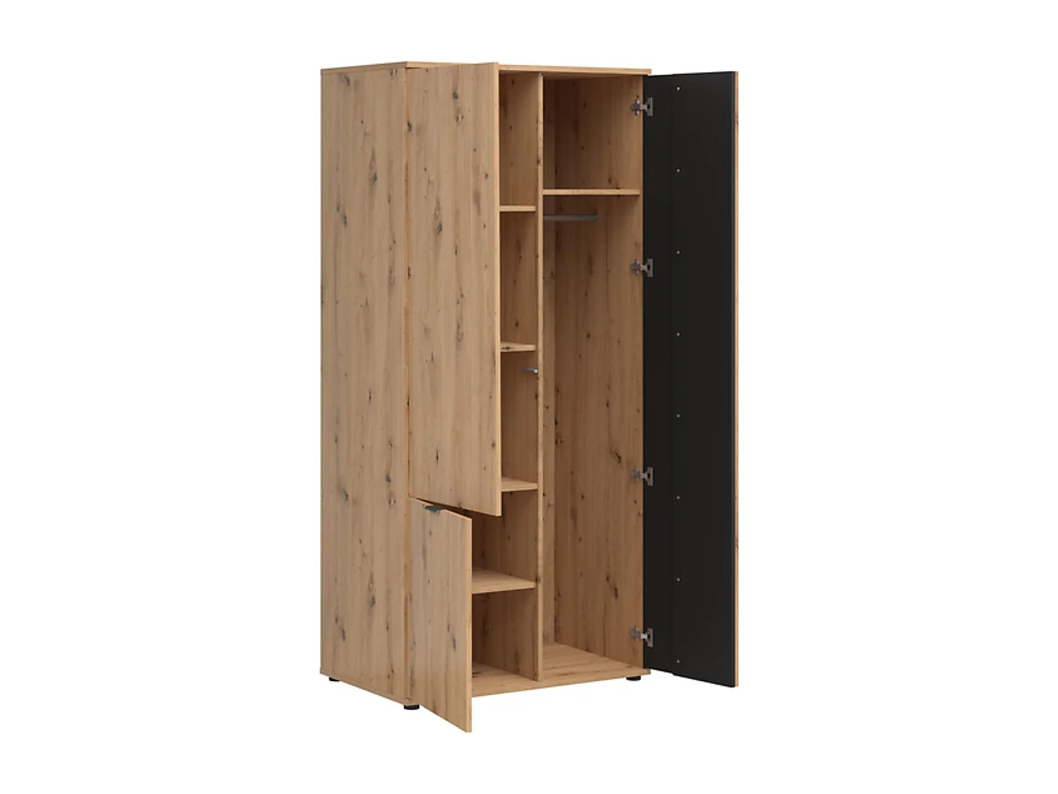 Armoire meuble de rangement à 3 portes avec décor lamelles,coloris Chêne artisan/Noir - Longueur 90,5 x Profondeur 56 x Hauteur 195,5 cm
