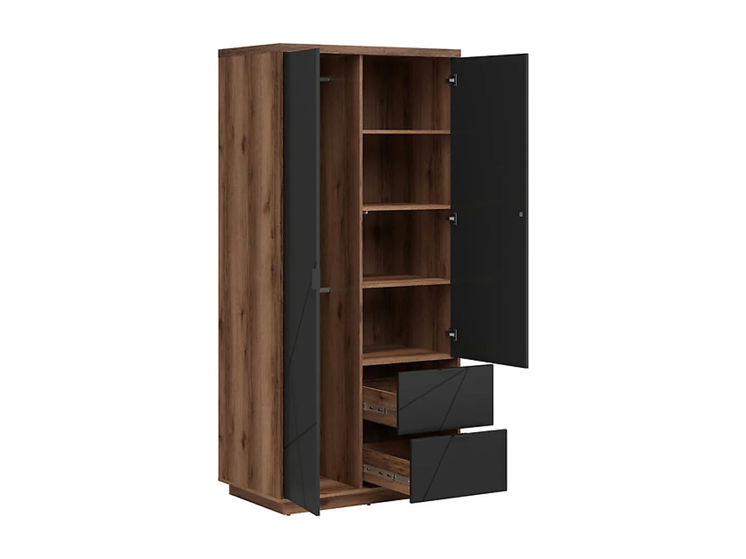 Armoire à double porte avec 2 tiroirs, coloris Chêne delano / Noir mat - Longueur 94 x Profondeur 56,5 x Hauteur 200,5 cm