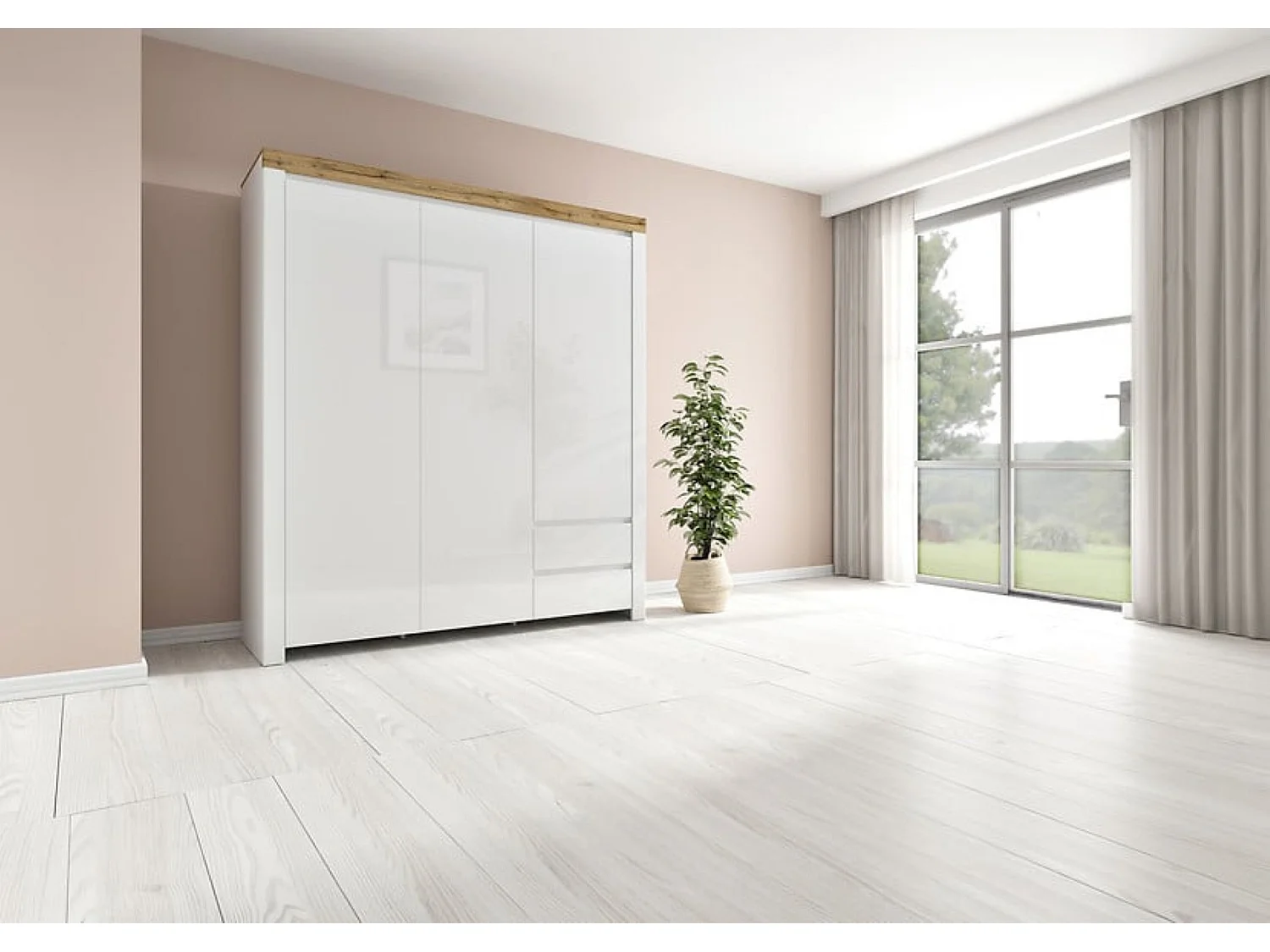 Armoire placard à 3 portes et 2 tiroirs,coloris Blanc/Chêne wotan - Longueur 180,5 x Profondeur 56,5 x Hauteur 203,5 cm