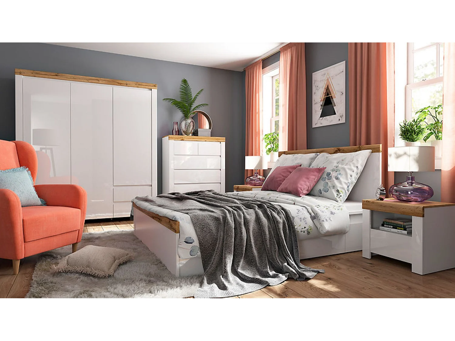 Armoire placard à 3 portes et 2 tiroirs,coloris Blanc/Chêne wotan - Longueur 180,5 x Profondeur 56,5 x Hauteur 203,5 cm