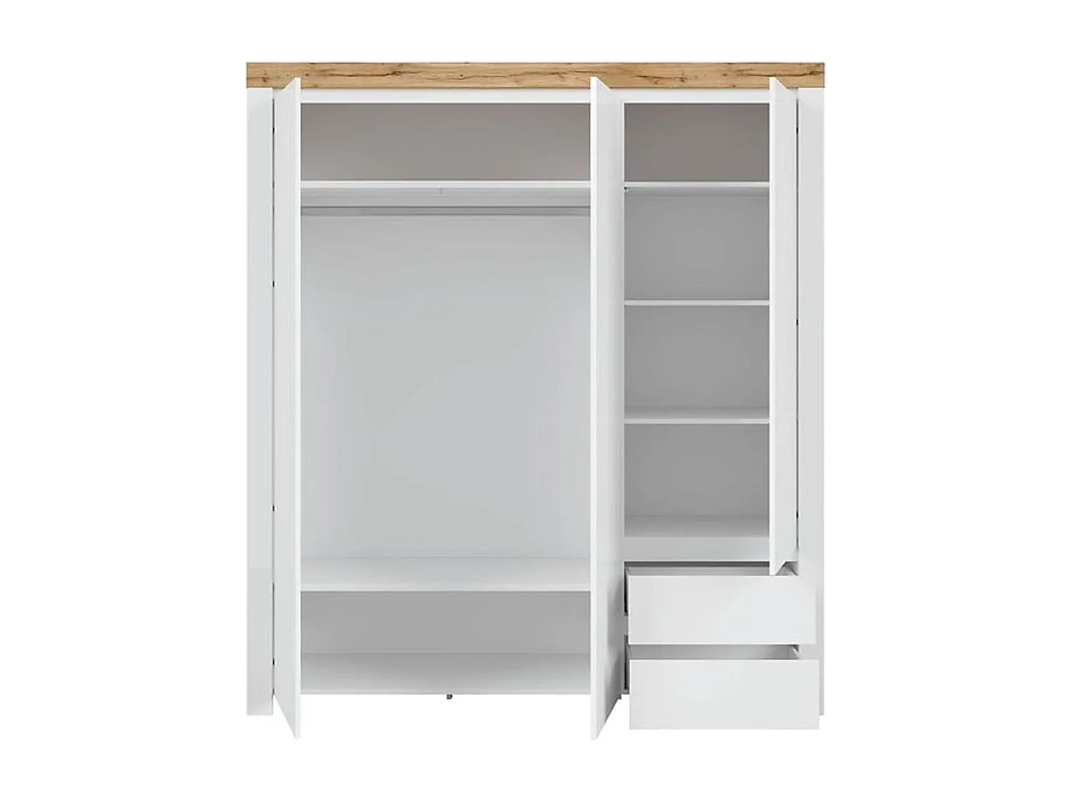 Armoire placard à 3 portes et 2 tiroirs,coloris Blanc/Chêne wotan - Longueur 180,5 x Profondeur 56,5 x Hauteur 203,5 cm