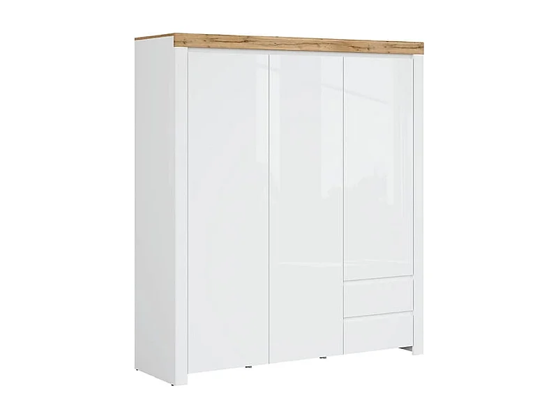 Armoire placard à 3 portes et 2 tiroirs,coloris Blanc/Chêne wotan - Longueur 180,5 x Profondeur 56,5 x Hauteur 203,5 cm