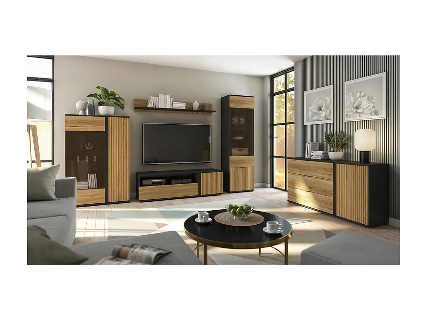 Armoire à 2 portes avec décor lamelles ,coloris Chêne/Noir - Longueur 95 x Profondeur 55 x Hauteur 196 cm