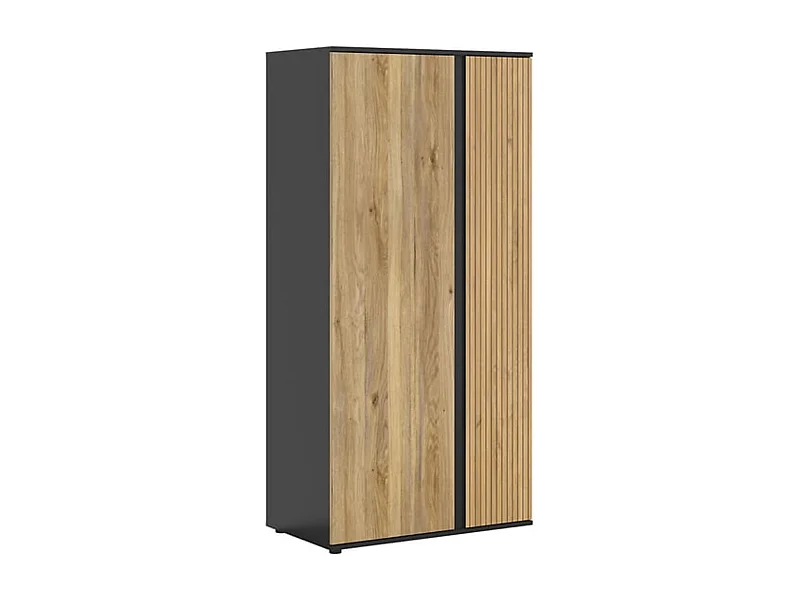 Armoire à 2 portes avec décor lamelles ,coloris Chêne/Noir - Longueur 95 x Profondeur 55 x Hauteur 196 cm