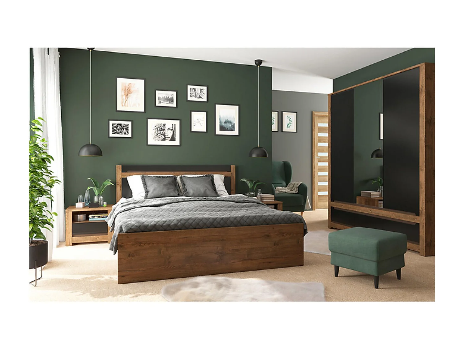 Armoire à 3 portes avec miroir et 3 tiroirs, coloris Chêne foncé/Noir mat - Longueur 178,5 x Profondeur 60,5 x Hauteur 204,5cm